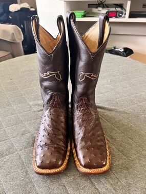 LAGRANGE Leather Ostrich Sz 7 Brown Square Toe Boots Excellent Condition